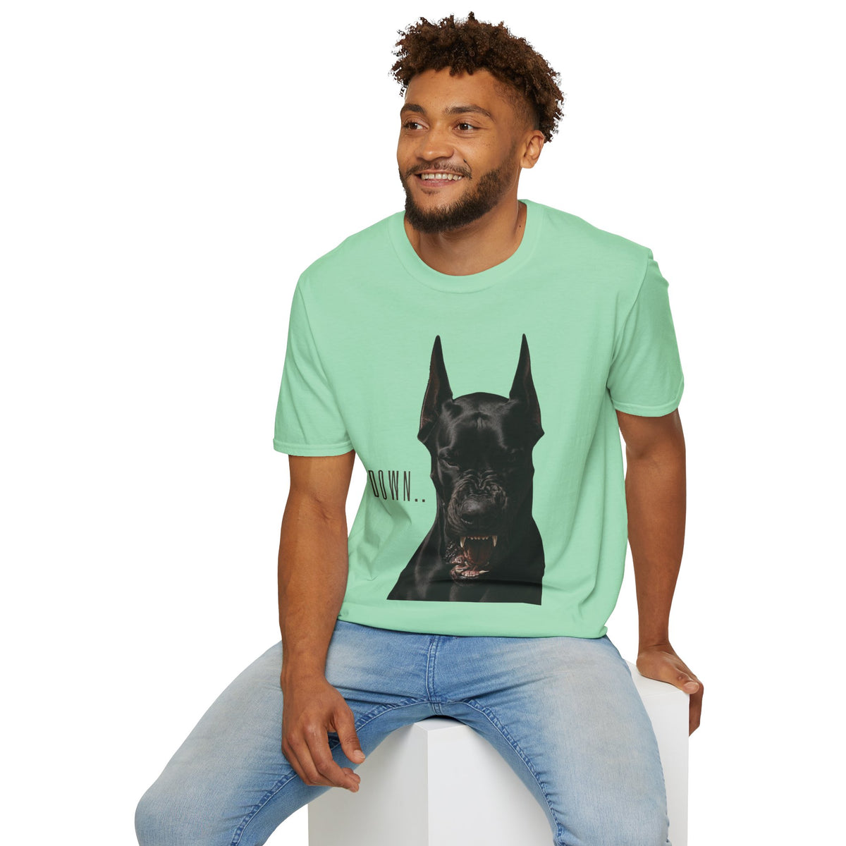 Doberman 'Down' Graphic T-Shirt – Bold Black Dog Portrait Tee