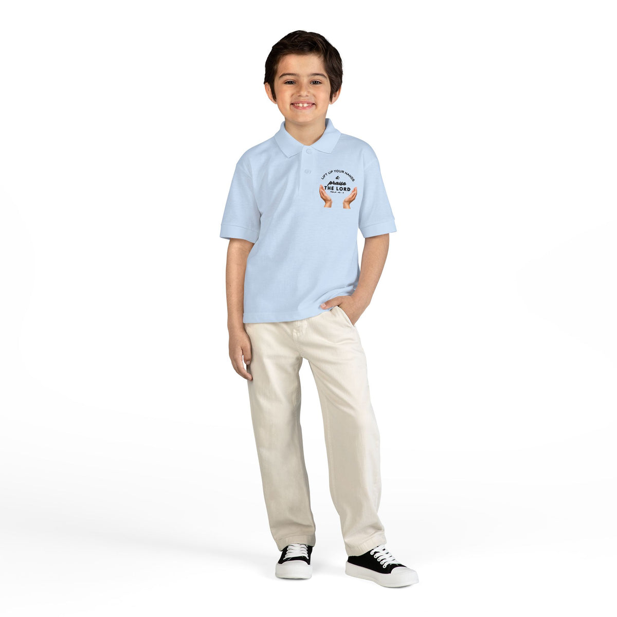 Youth Polo ( black font ) — 'In God We Trust' Hands Logo Embroidered Chest Shirt
