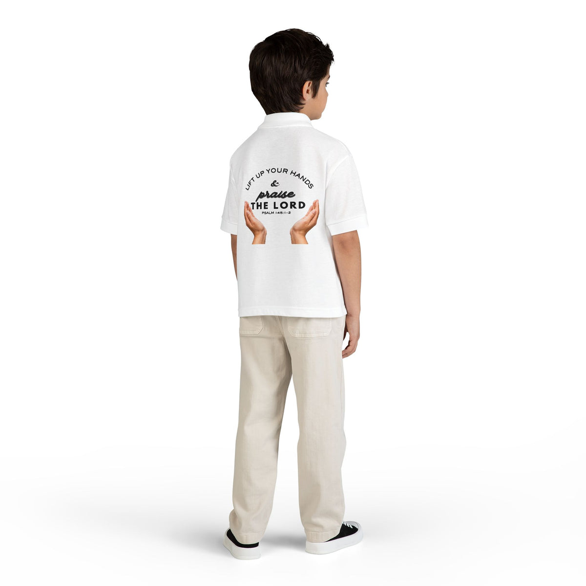 Youth Polo ( black font ) — 'In God We Trust' Hands Logo Embroidered Chest Shirt