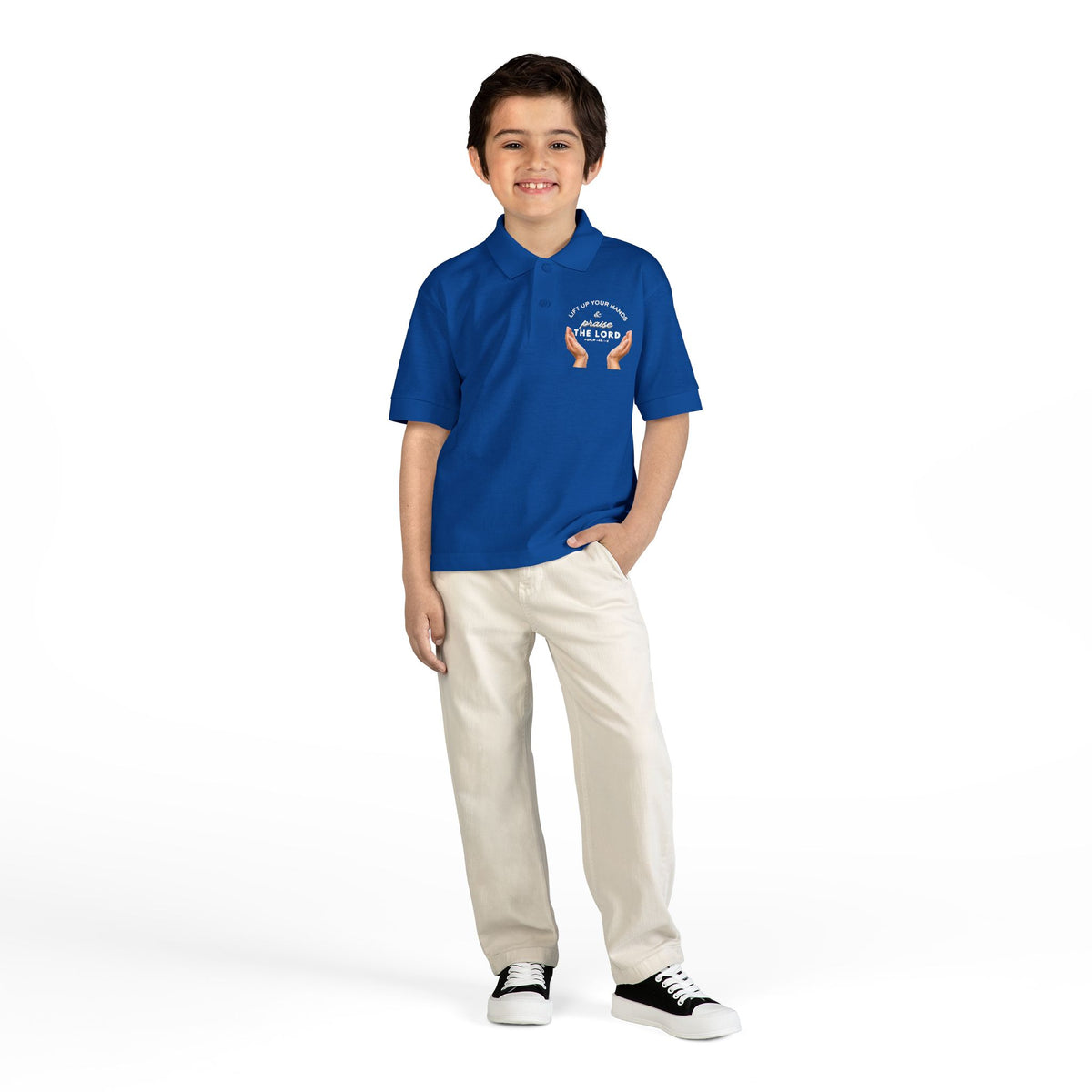 Youth Polo ( white font ) — 'In God We Trust' Hands Logo Embroidered Chest Shirt
