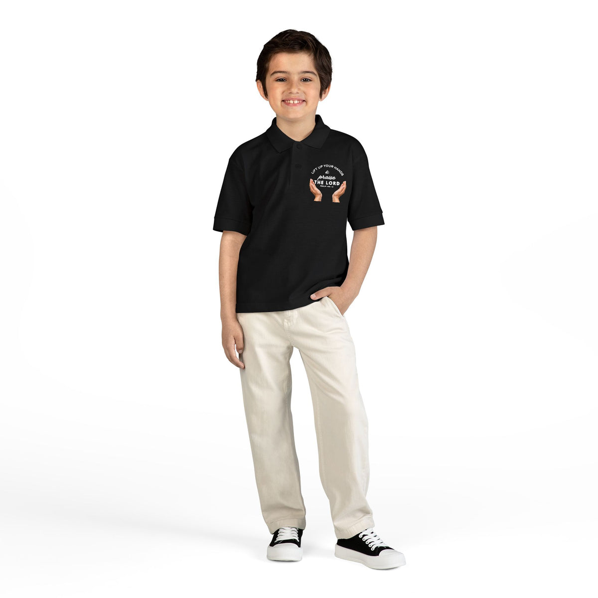 Youth Polo ( white font ) — 'In God We Trust' Hands Logo Embroidered Chest Shirt