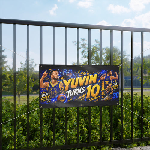 Basketball Birthday Banner — "Yuvin Turns 10" Matte Party Sign