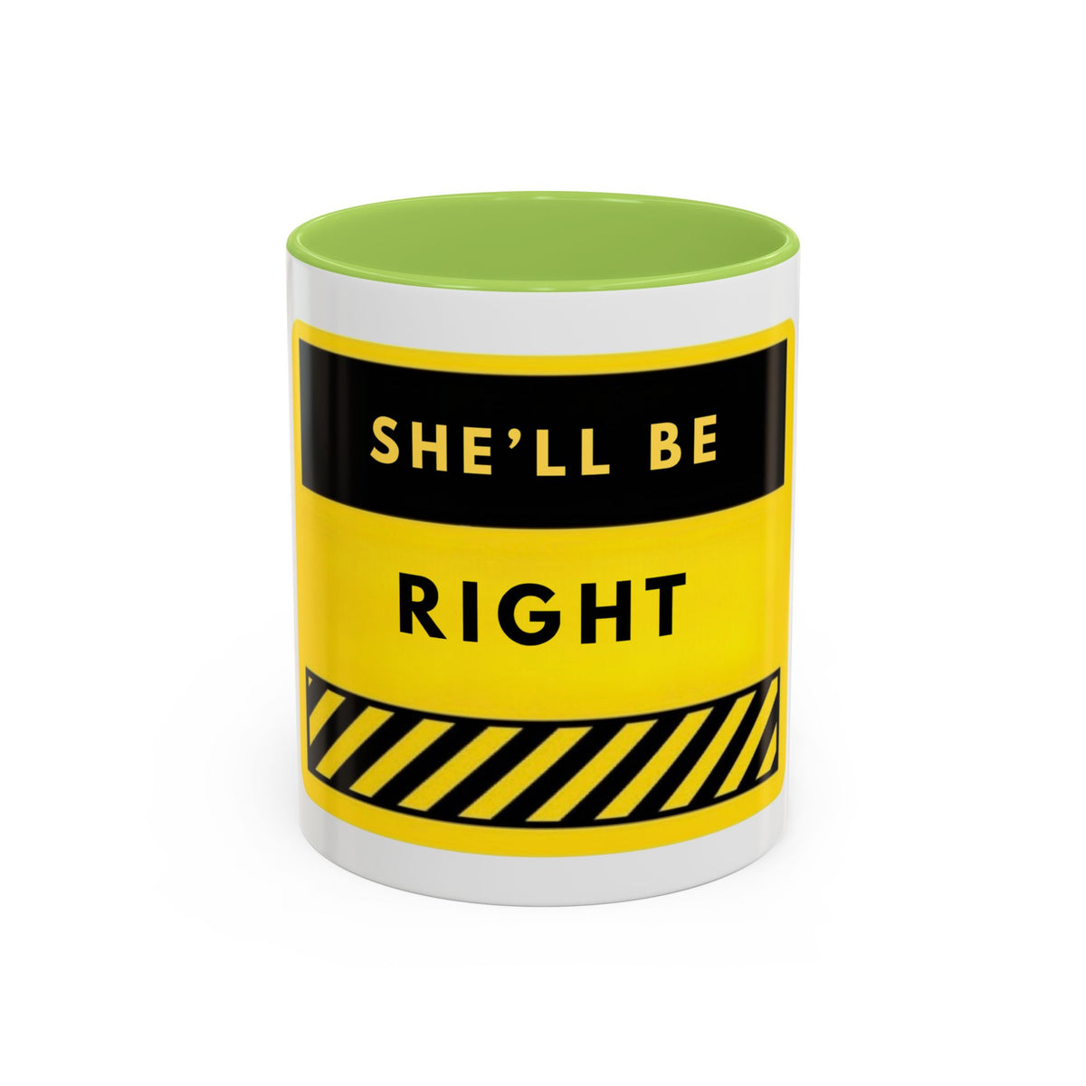 Accent Coffee Mug — "She'll Be Right" Yellow Caution Design