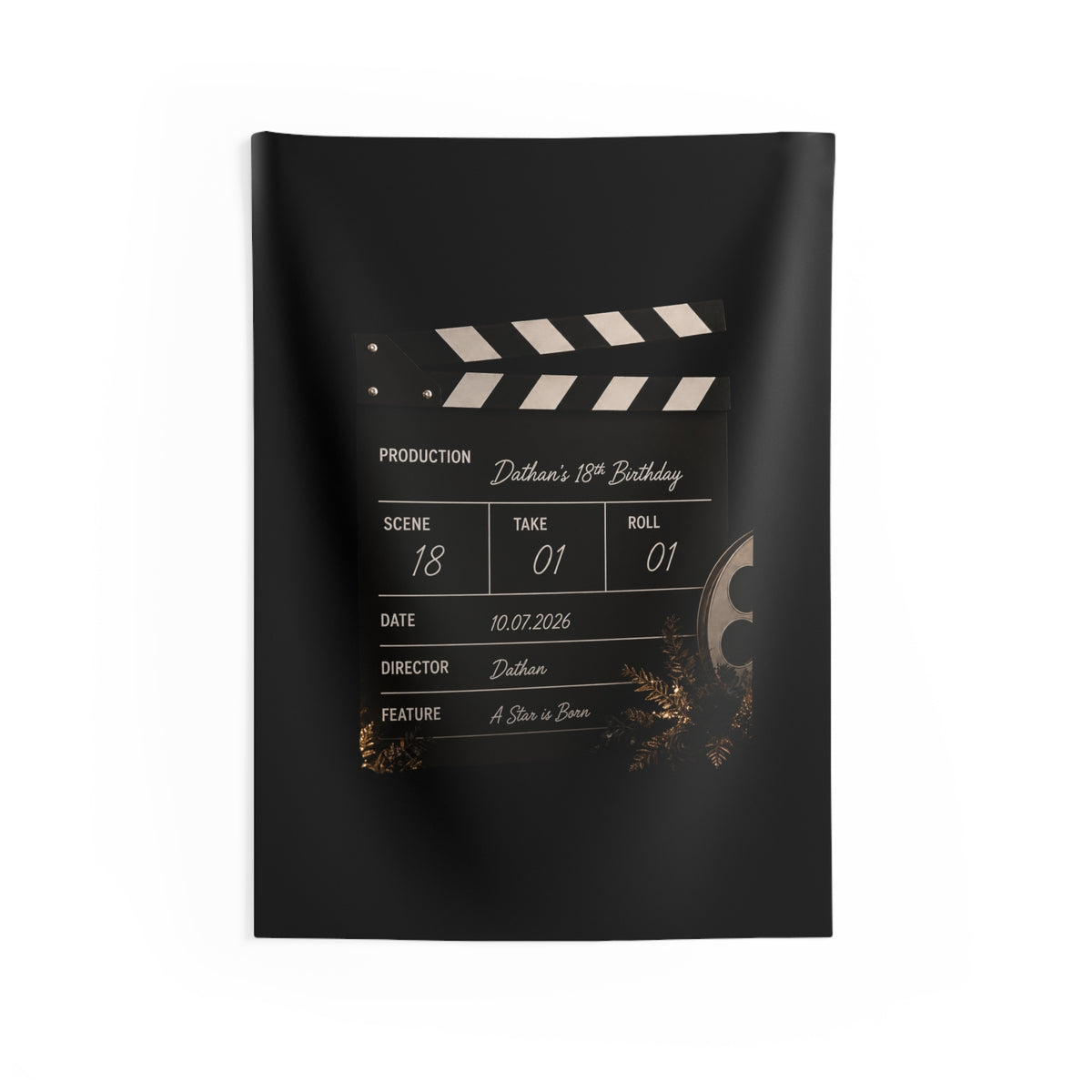 Film Slate Wall Tapestry — Personalized "Dathan's 18th Birthday" Movie Clapper Decor