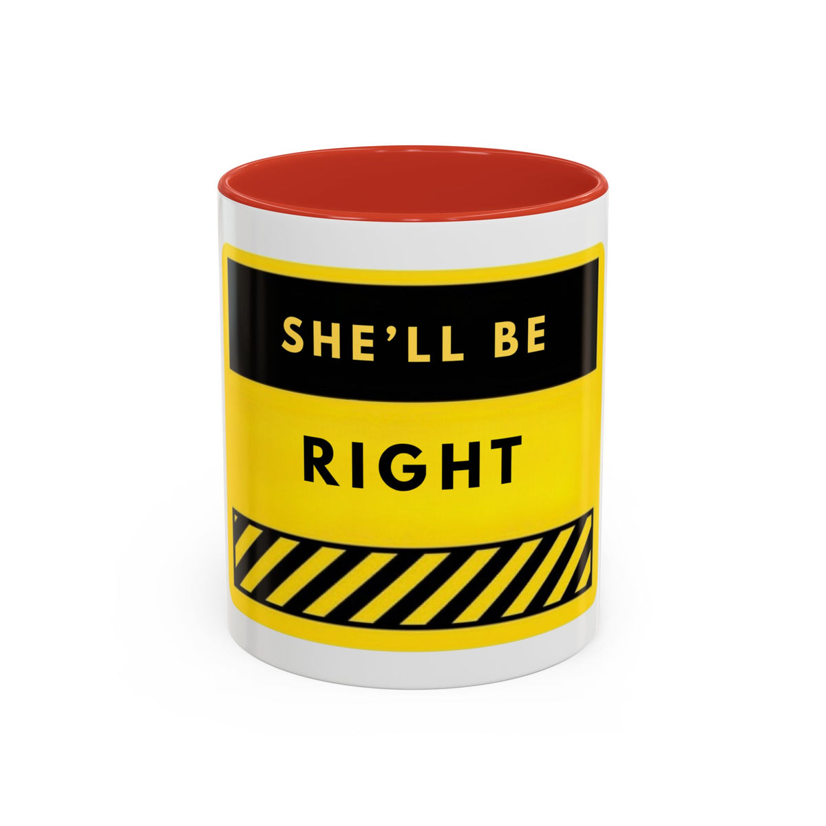 Accent Coffee Mug — "She'll Be Right" Yellow Caution Design