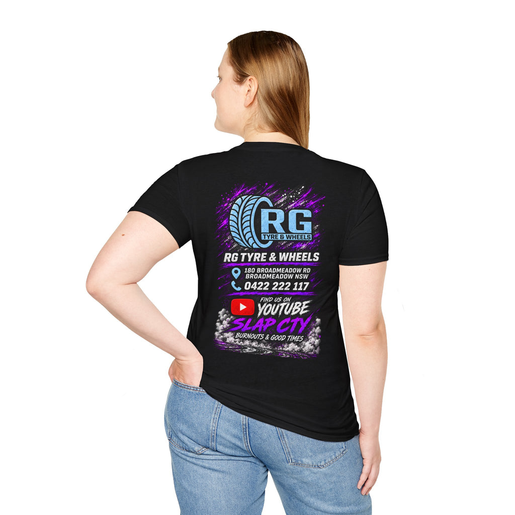 Slap City Drift Car T‑Shirt — RG Tyre & Wheels Promo Tee