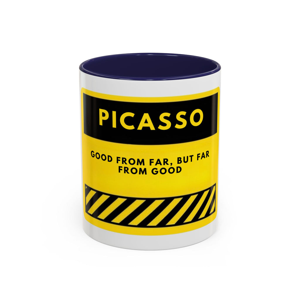 Picasso Quote Coffee Mug — 'Good From Far, But Far From Good' Yellow Accent Mug