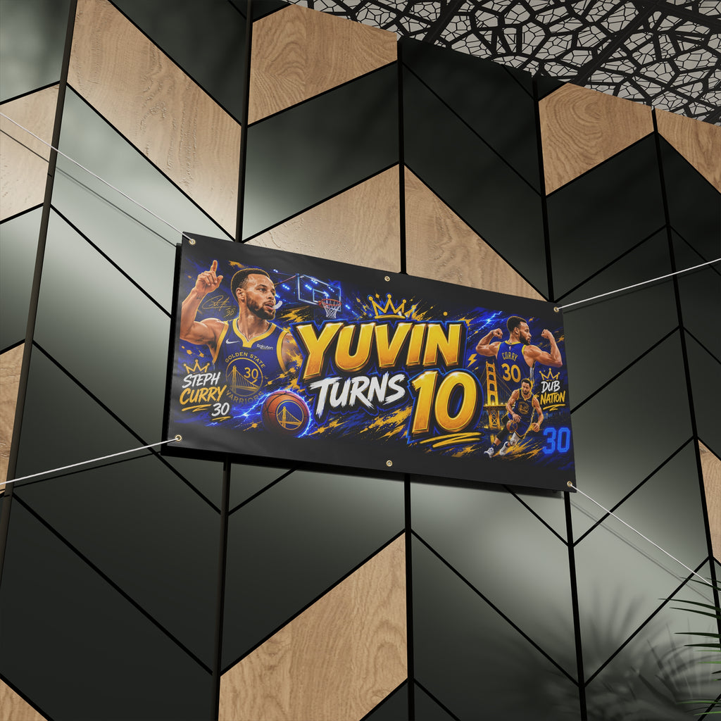 Basketball Birthday Banner — "Yuvin Turns 10" Matte Party Sign