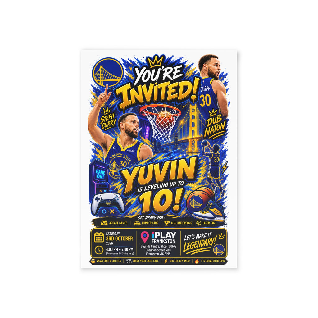 Golden State Basketball Birthday Invitation Card — Two-Sided Stephen Curry Party Invite (Customizable)