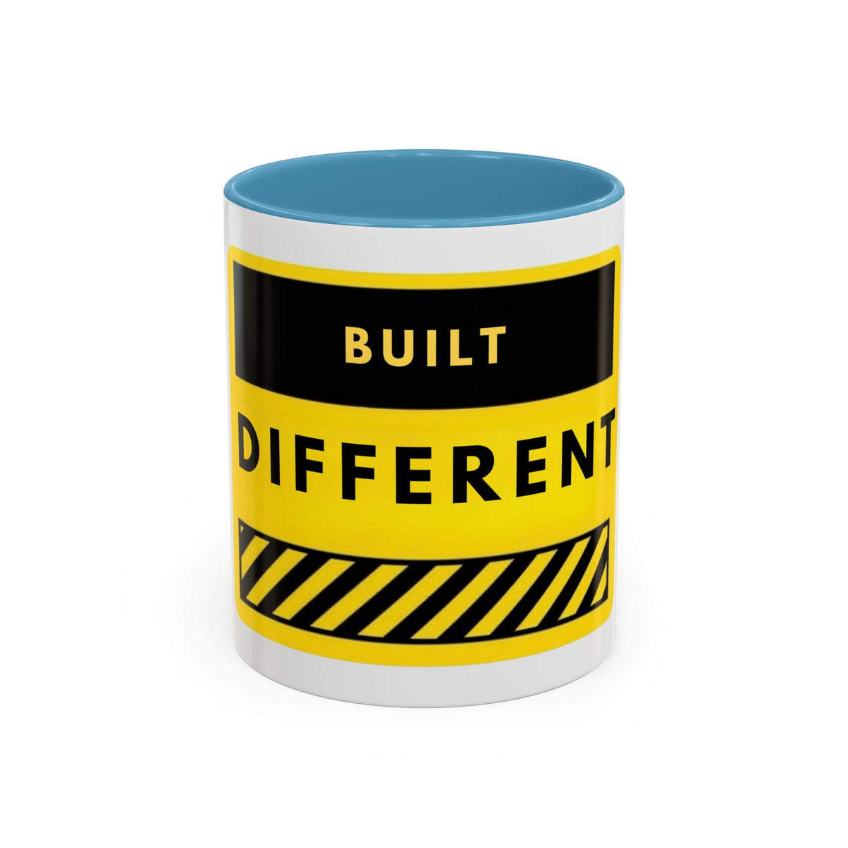 Accent Coffee Mug — "Built Different" Yellow Warning Stripe Ceramic Mug (11/15oz)