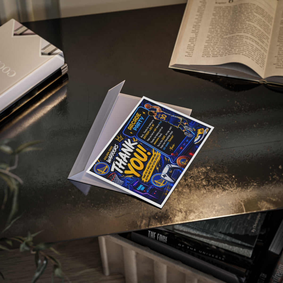 Golden State Warriors Arcade Party Thank You Card — Basketball Birthday Favor Card