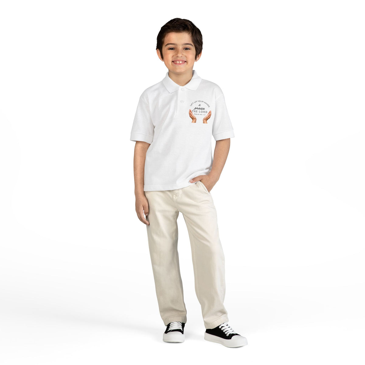 Youth Polo ( grey font ) — 'In God We Trust' Hands Logo Embroidered Chest Shirt