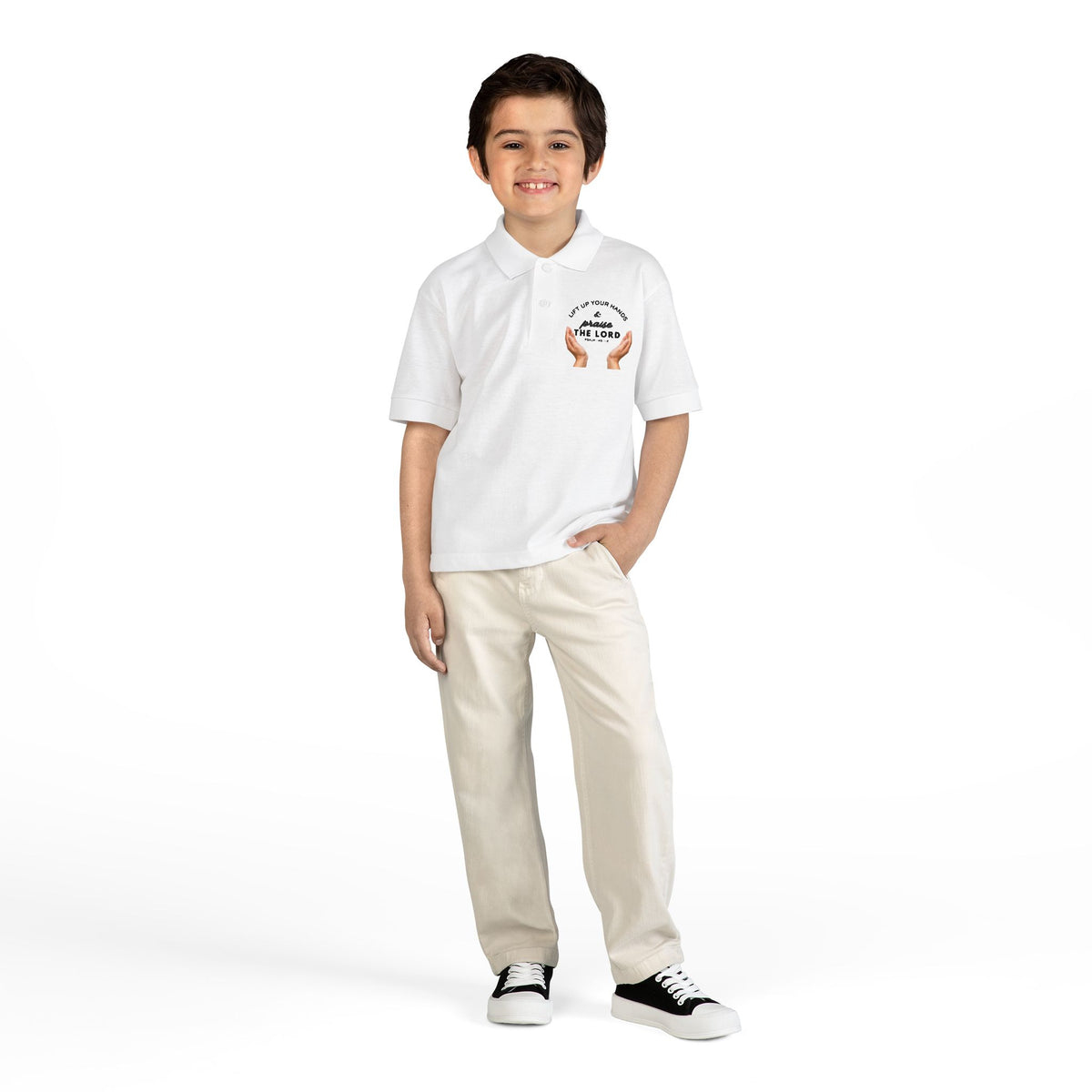 Youth Polo ( black font ) — 'In God We Trust' Hands Logo Embroidered Chest Shirt