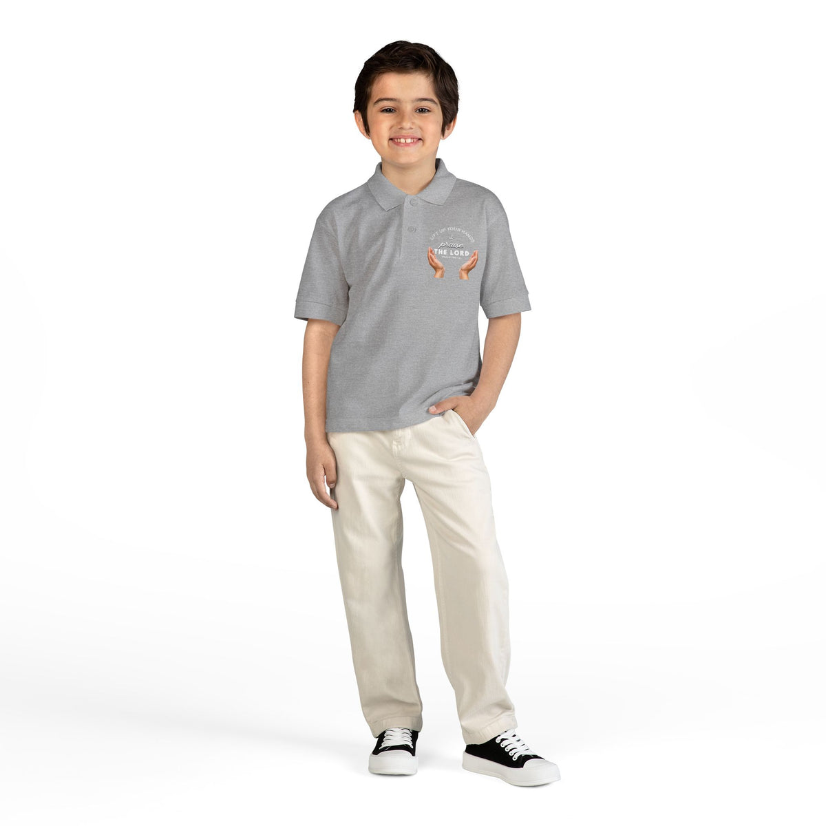 Youth Polo ( white font ) — 'In God We Trust' Hands Logo Embroidered Chest Shirt