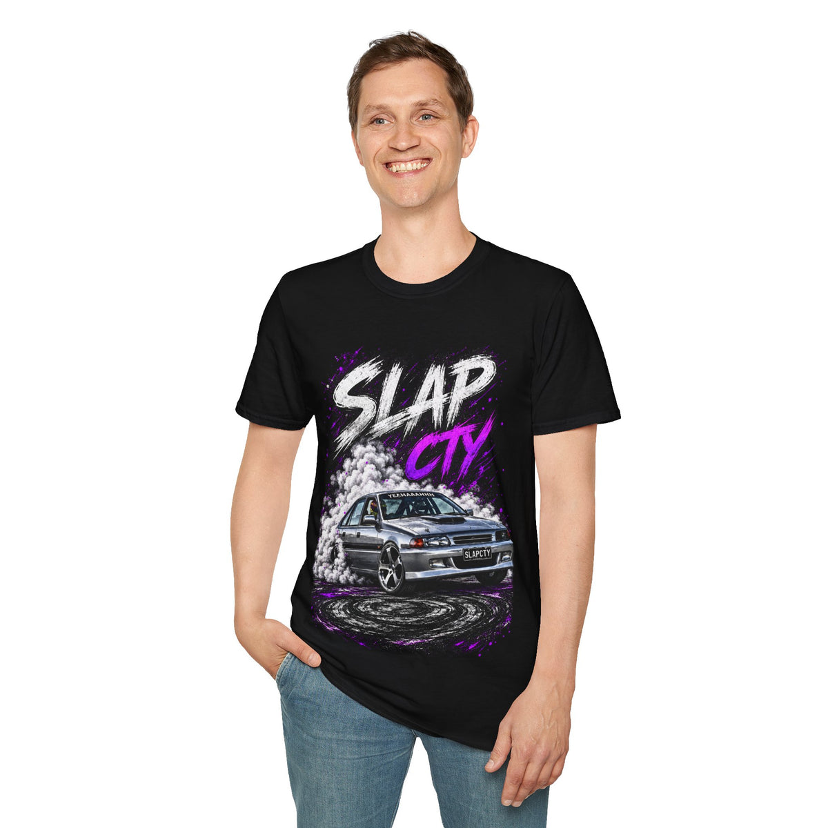 Slap City Drift Car T‑Shirt — RG Tyre & Wheels Promo Tee