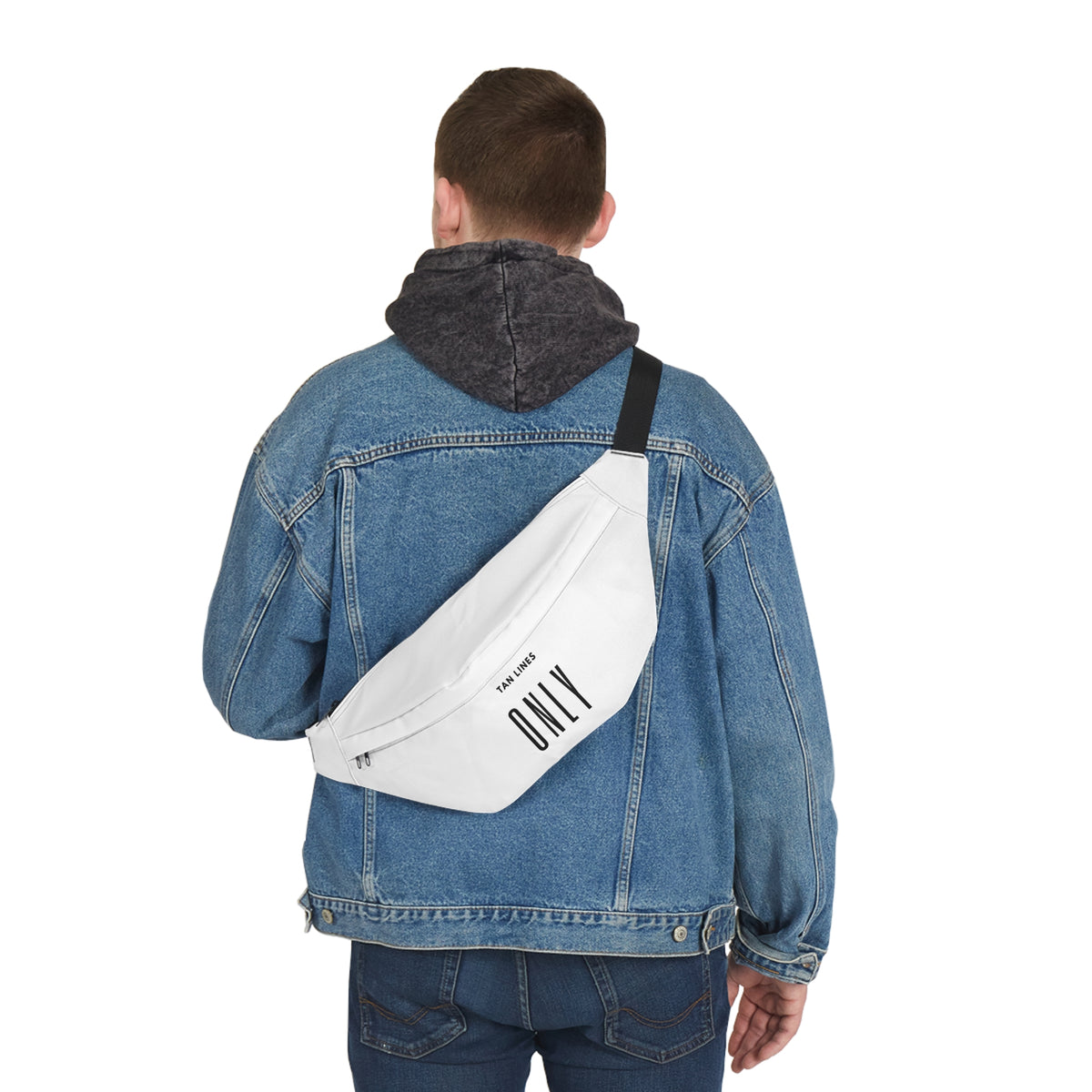 Tan Lines ONLY Text Large Fanny Pack — Minimalist White/Black Waist Bag