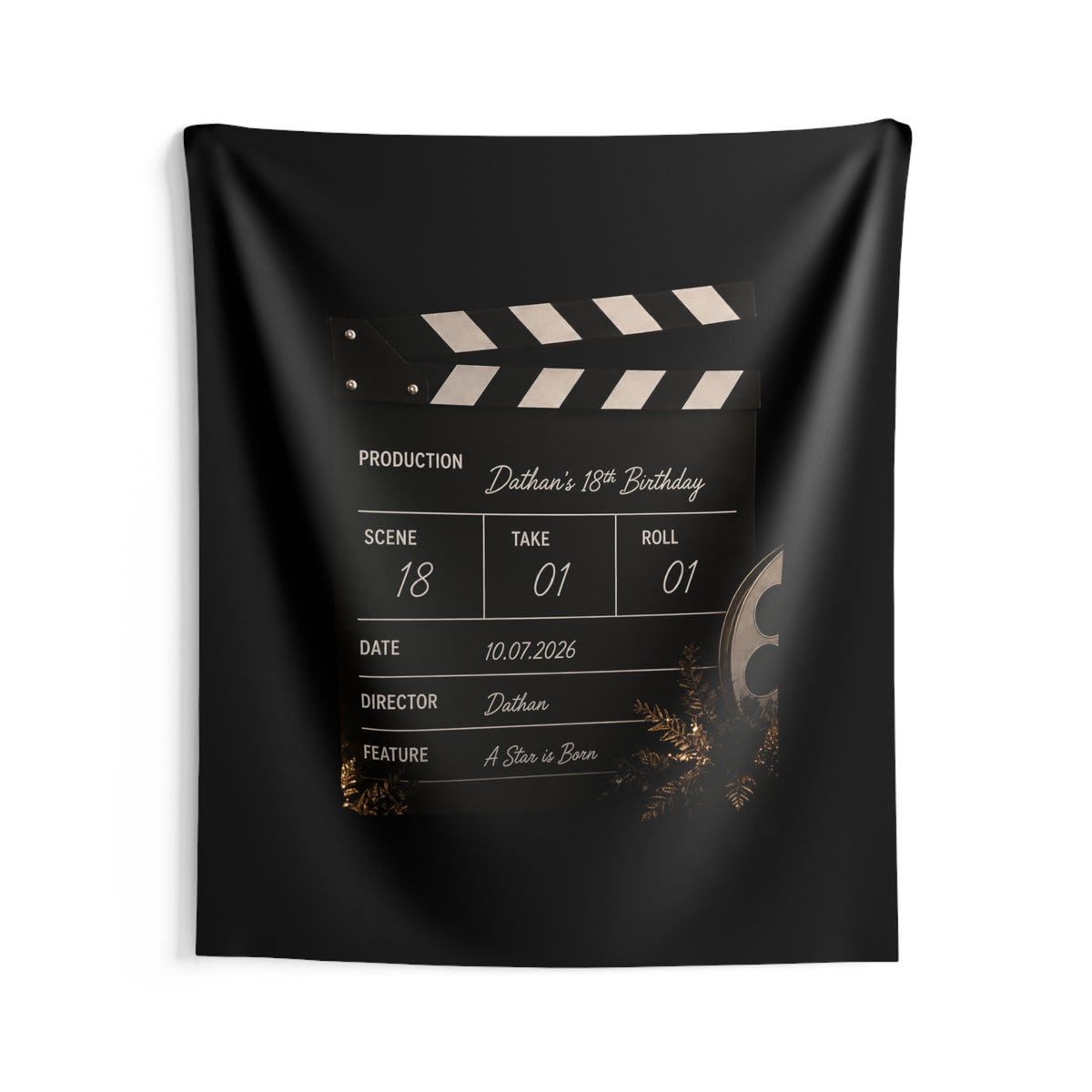 Film Slate Wall Tapestry — Personalized "Dathan's 18th Birthday" Movie Clapper Decor