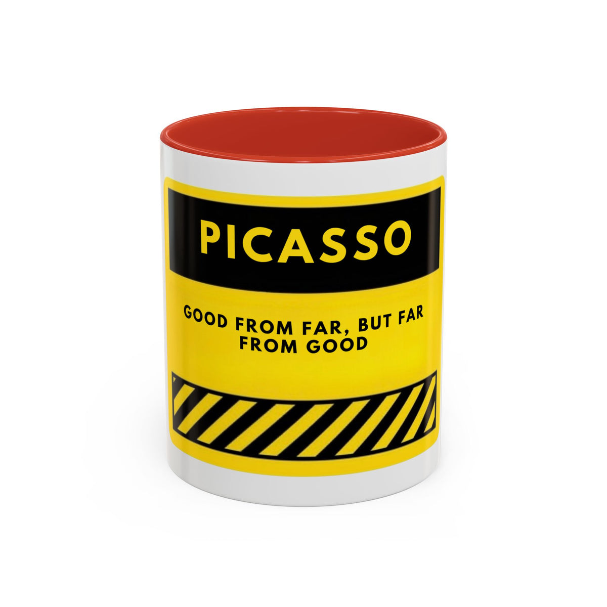 Picasso Quote Coffee Mug — 'Good From Far, But Far From Good' Yellow Accent Mug