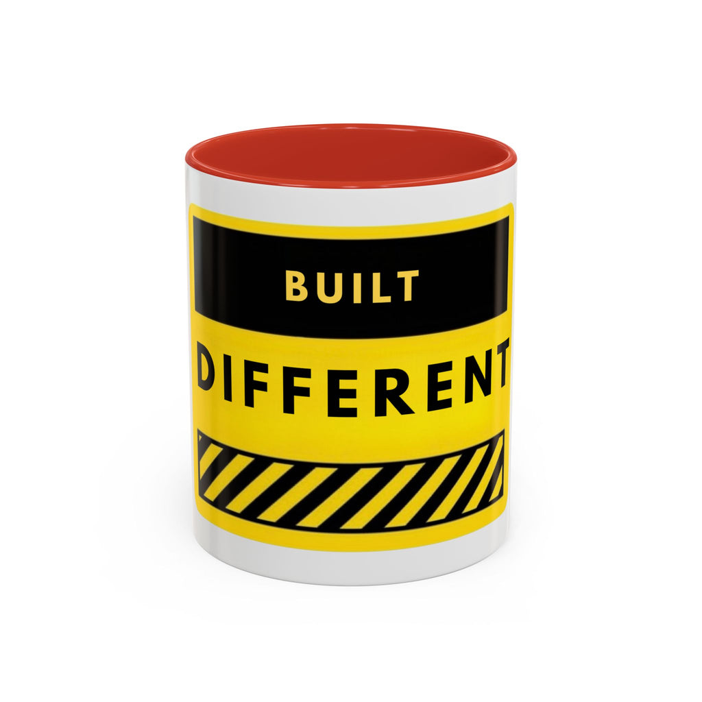 Accent Coffee Mug — "Built Different" Yellow Warning Stripe Ceramic Mug (11/15oz)