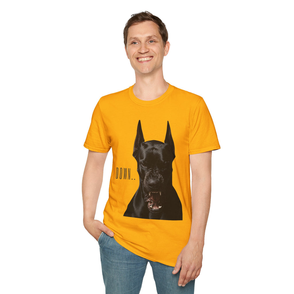 Doberman 'Down' Graphic T-Shirt – Bold Black Dog Portrait Tee