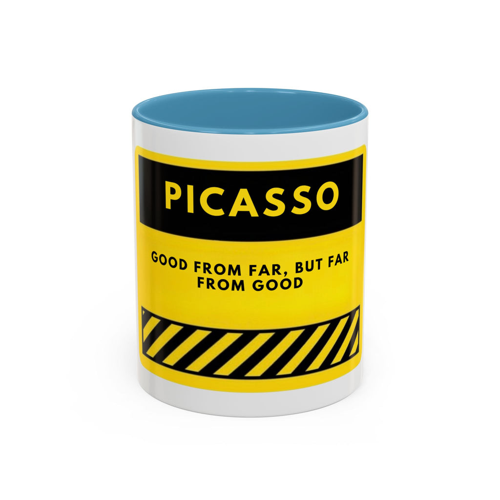 Picasso Quote Coffee Mug — 'Good From Far, But Far From Good' Yellow Accent Mug