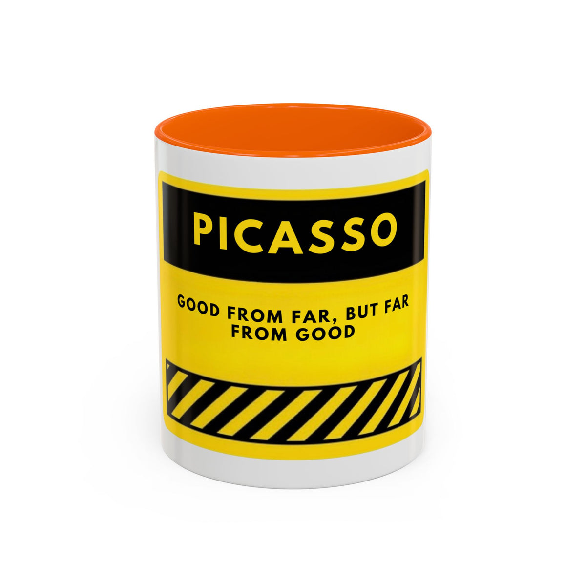 Picasso Quote Coffee Mug — 'Good From Far, But Far From Good' Yellow Accent Mug