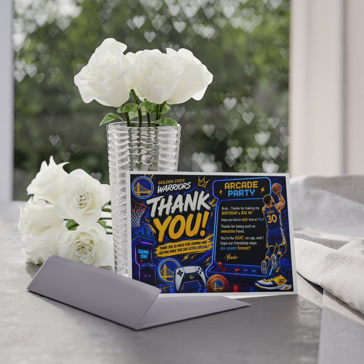Golden State Warriors Arcade Party Thank You Card — Basketball Birthday Favor Card