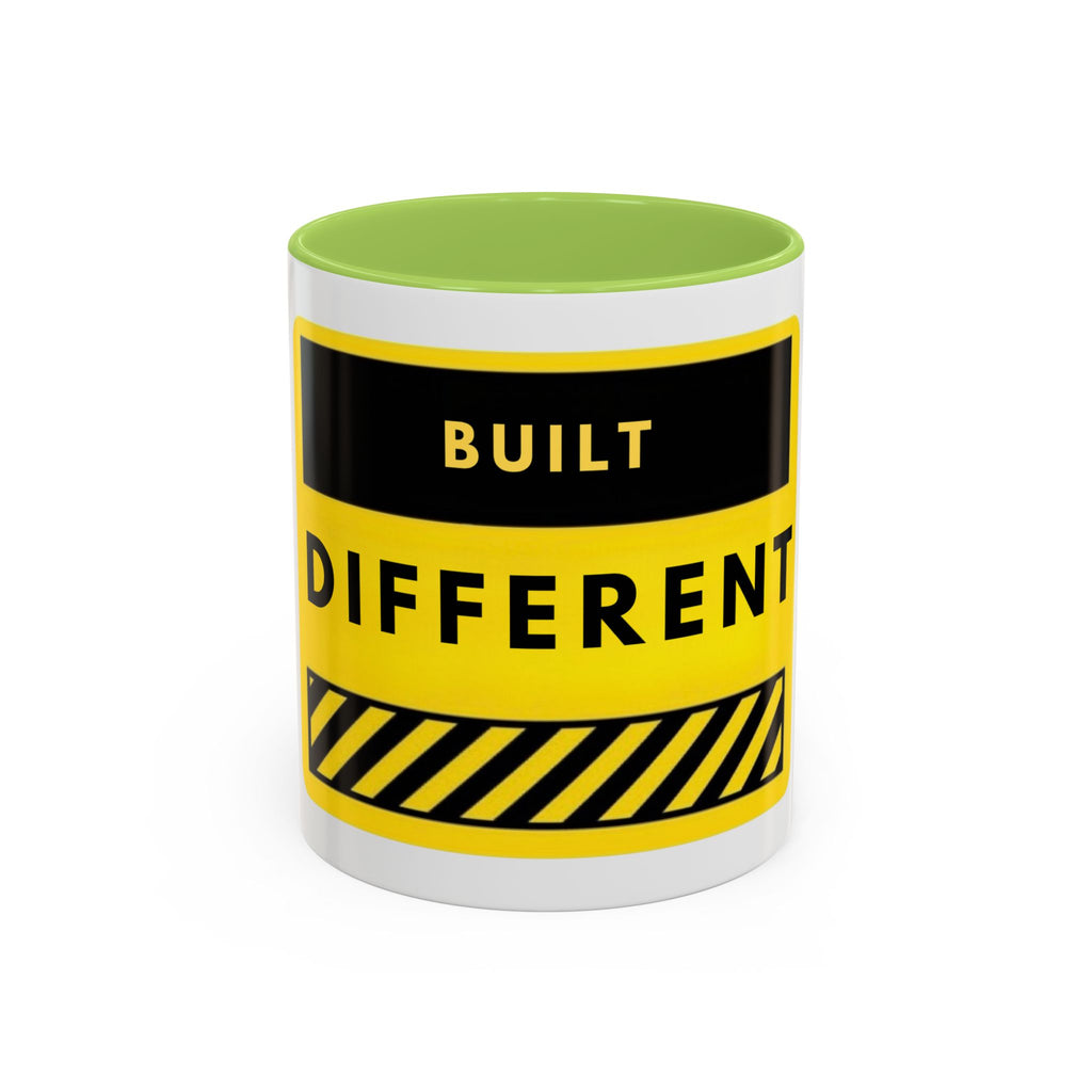 Accent Coffee Mug — "Built Different" Yellow Warning Stripe Ceramic Mug (11/15oz)