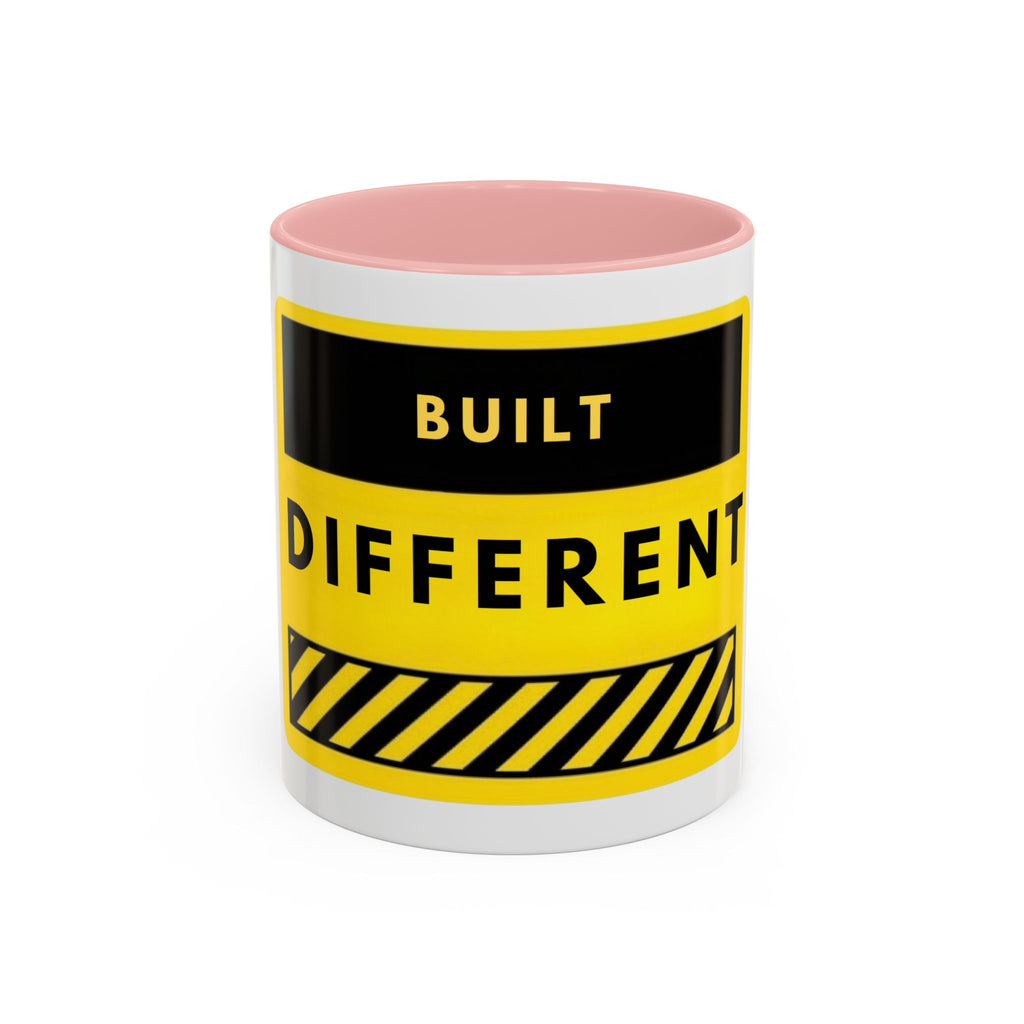 Accent Coffee Mug — "Built Different" Yellow Warning Stripe Ceramic Mug (11/15oz)