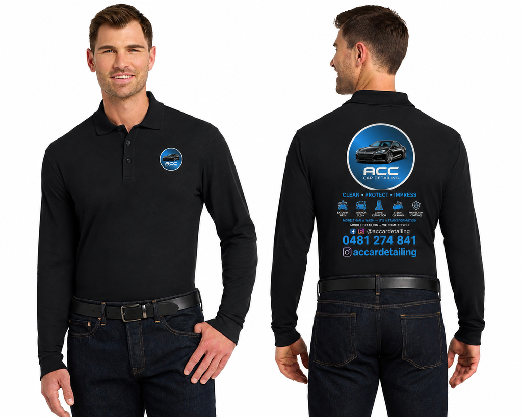 ACC 2 - Long Sleeve Black Polo Shirt with Blue Circular Logo – Classic Corporate Pique Polo