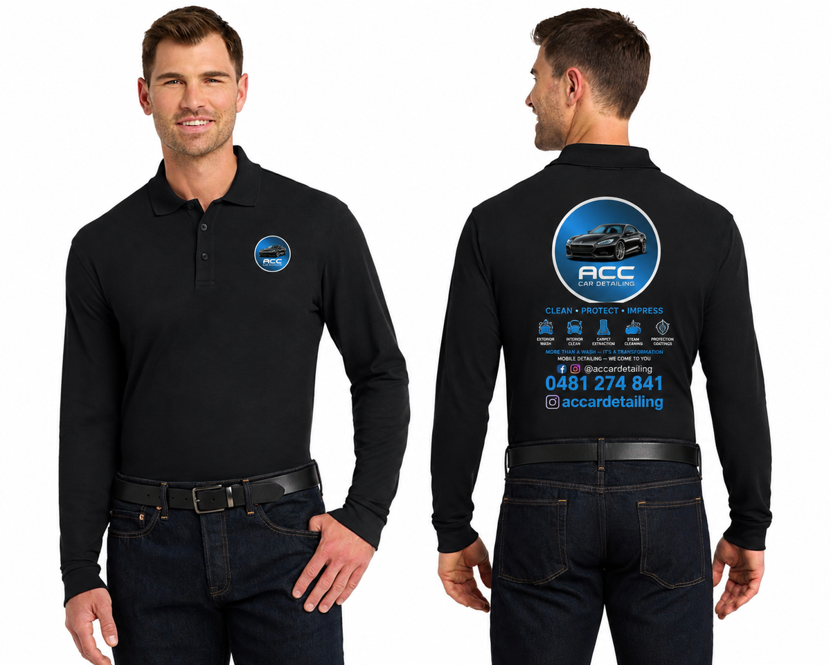ACC 2 - Long Sleeve Black Polo Shirt with Blue Circular Logo – Classic Corporate Pique Polo
