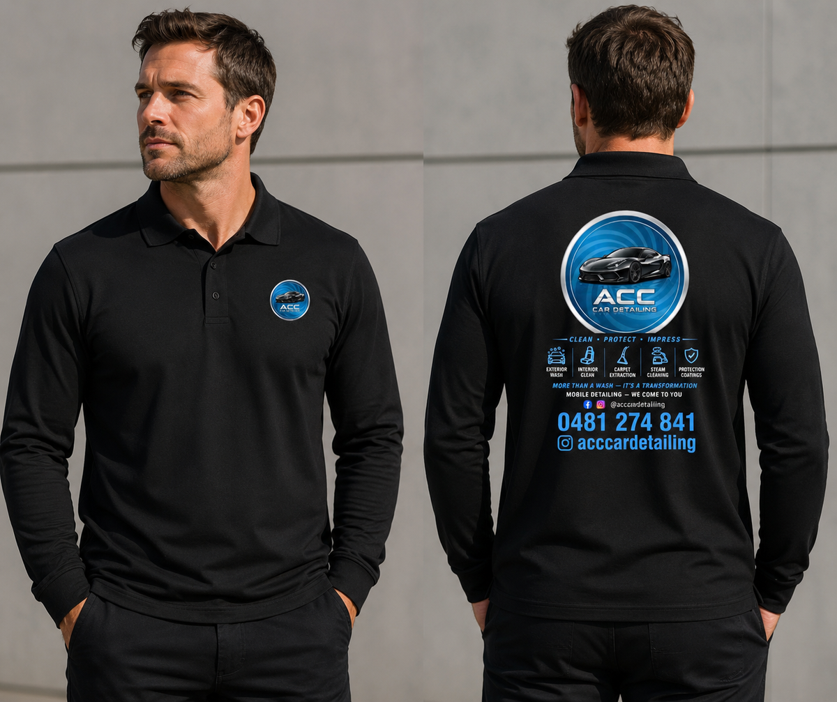 ACC 2 - Long Sleeve Black Polo Shirt with Blue Circular Logo – Classic Corporate Pique Polo