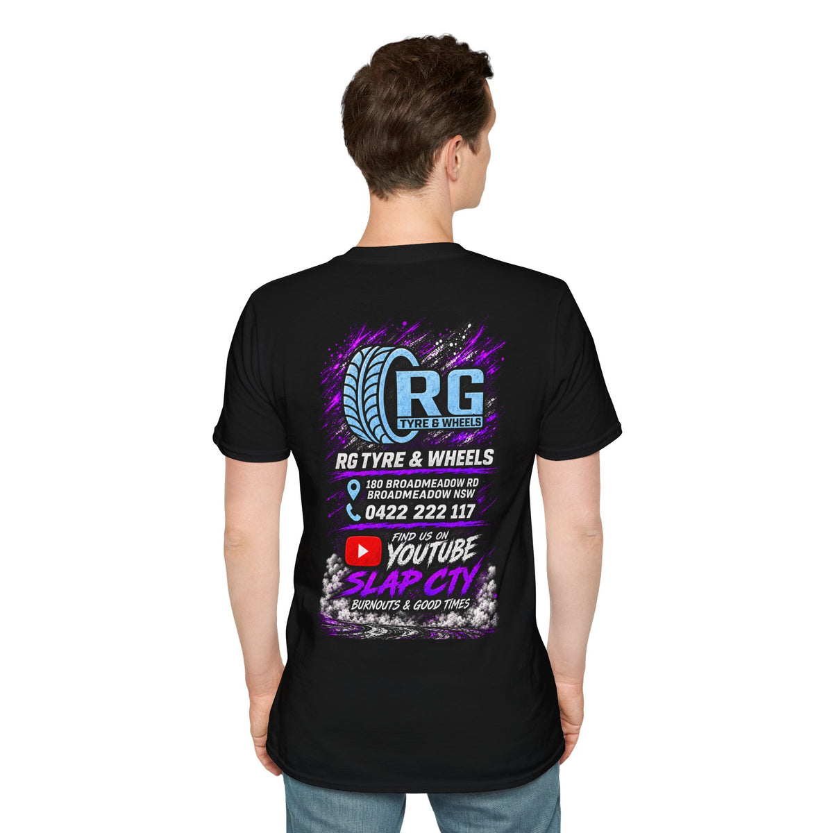 Slap City Drift Car T‑Shirt — RG Tyre & Wheels Promo Tee