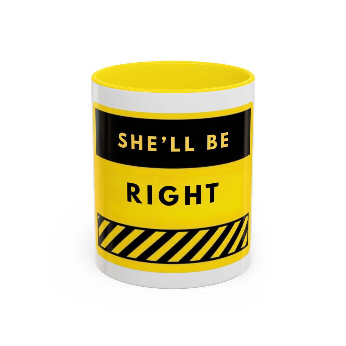 Accent Coffee Mug — "She'll Be Right" Yellow Caution Design