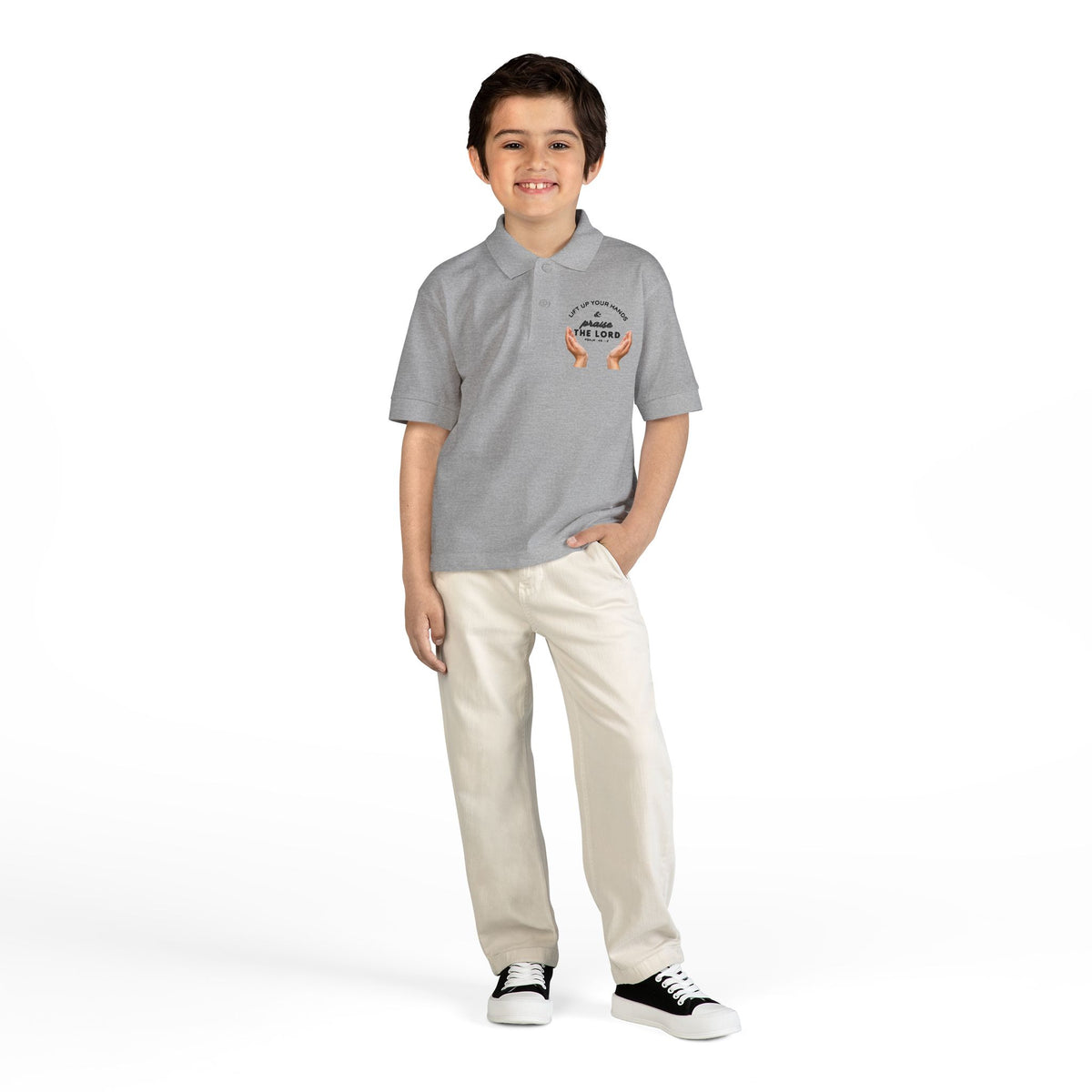 Youth Polo ( black font ) — 'In God We Trust' Hands Logo Embroidered Chest Shirt