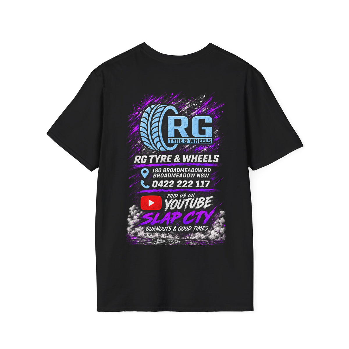 Slap City Drift Car T‑Shirt — RG Tyre & Wheels Promo Tee