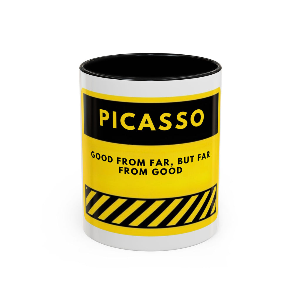 Picasso Quote Coffee Mug — 'Good From Far, But Far From Good' Yellow Accent Mug