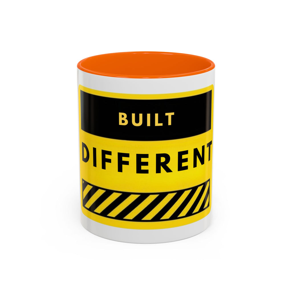 Accent Coffee Mug — "Built Different" Yellow Warning Stripe Ceramic Mug (11/15oz)