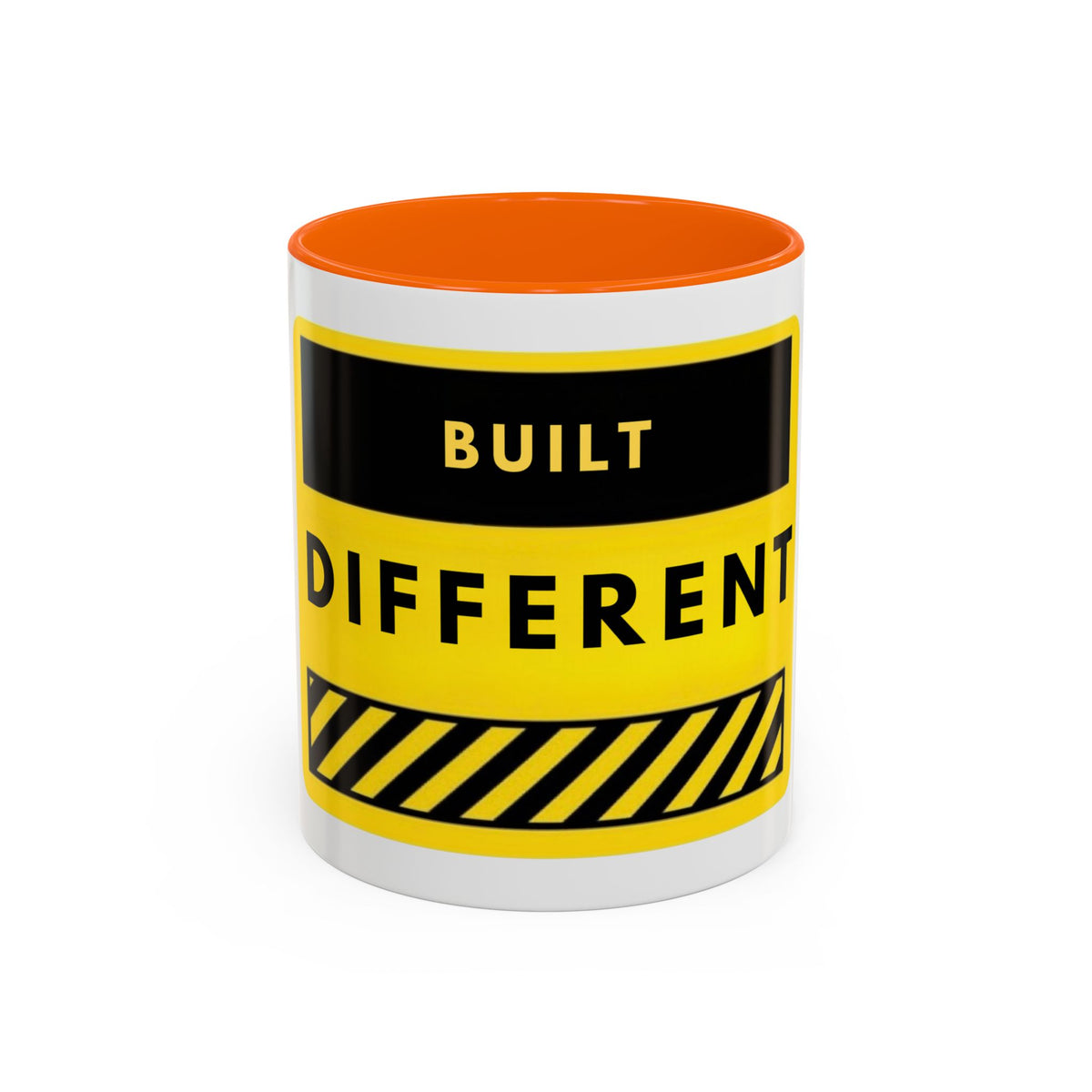 Accent Coffee Mug — "Built Different" Yellow Warning Stripe Ceramic Mug (11/15oz)
