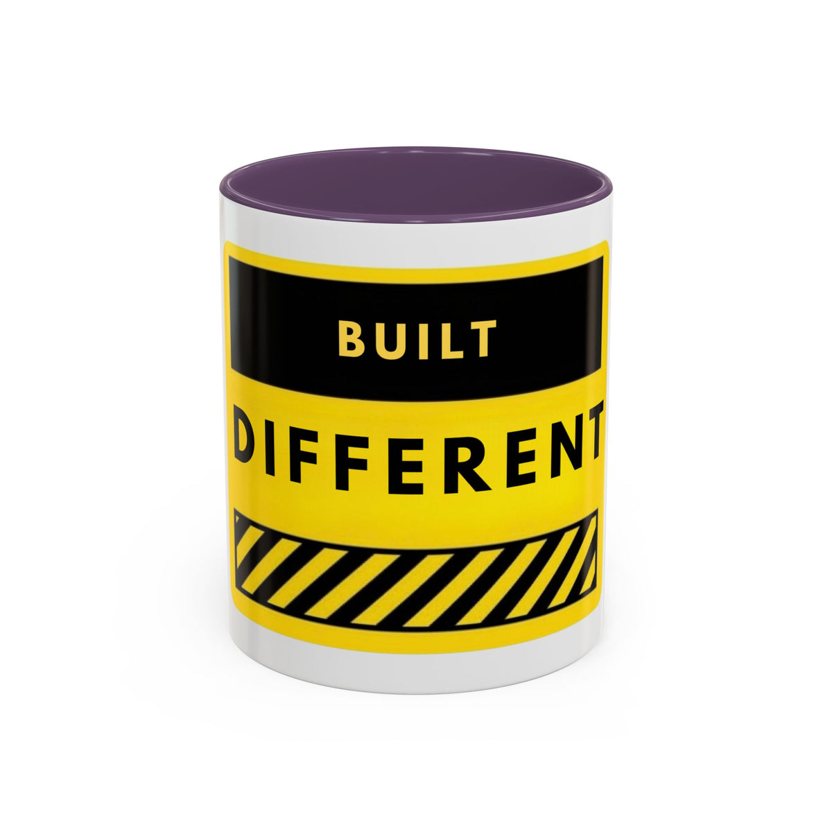 Accent Coffee Mug — "Built Different" Yellow Warning Stripe Ceramic Mug (11/15oz)
