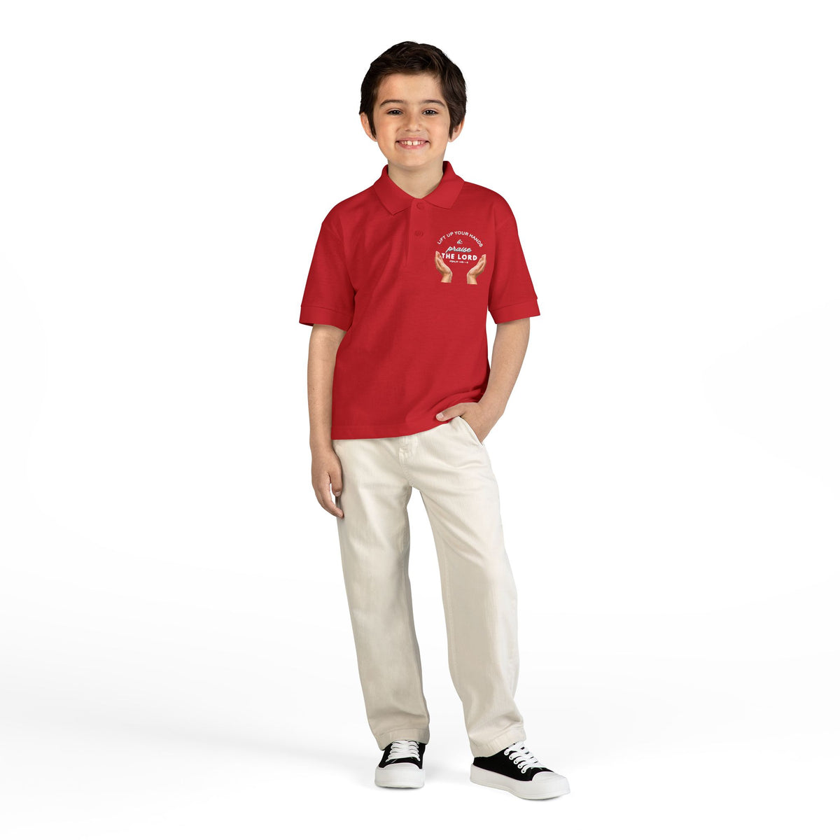 Youth Polo ( white font ) — 'In God We Trust' Hands Logo Embroidered Chest Shirt