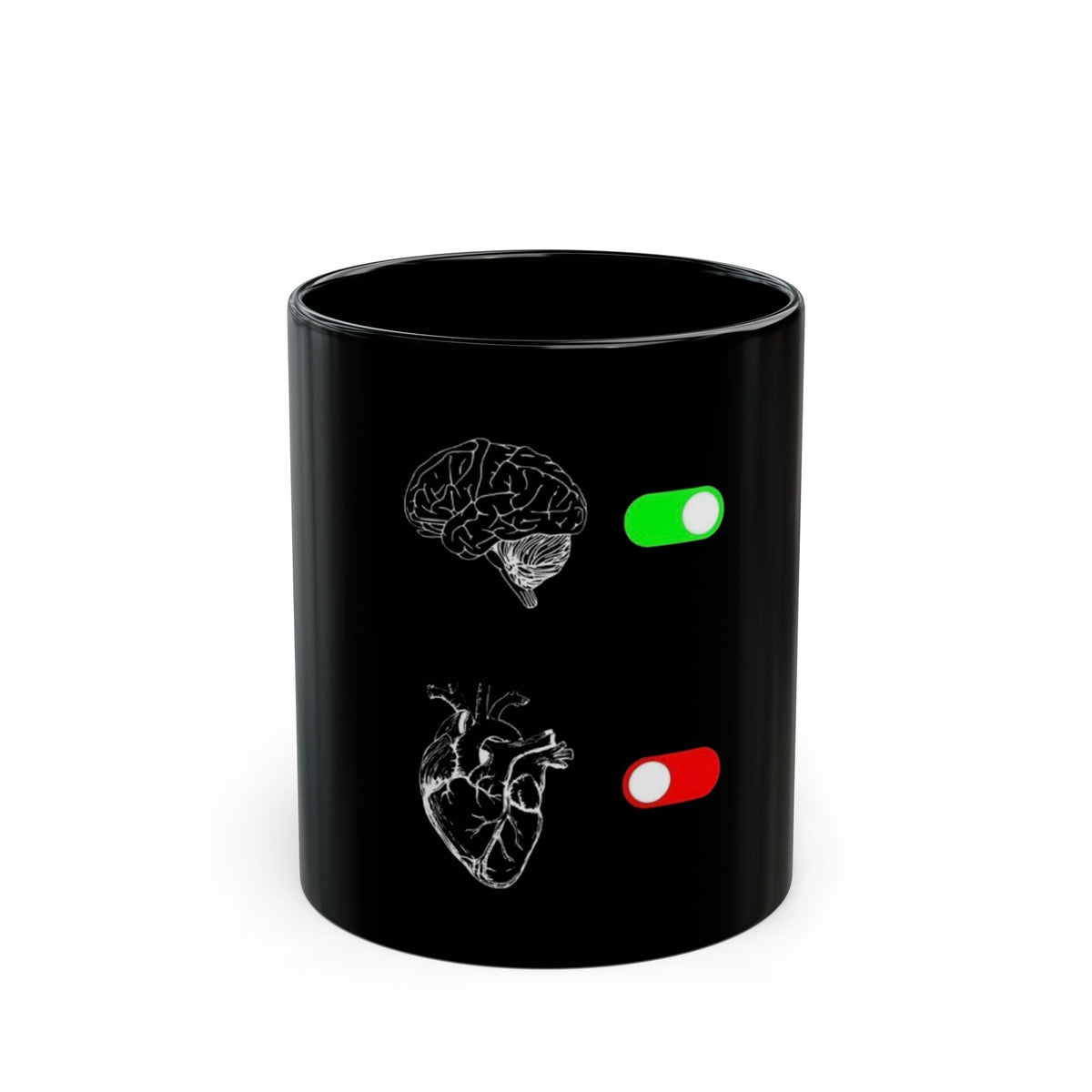 Brain On, Heart Off Black Coffee Mug — Funny Science & Introvert Gift (11oz/15oz)