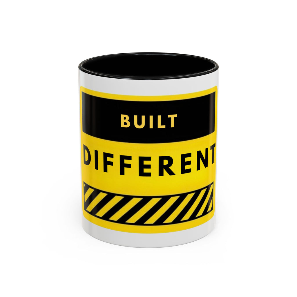 Accent Coffee Mug — "Built Different" Yellow Warning Stripe Ceramic Mug (11/15oz)