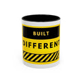 Accent Coffee Mug — "Built Different" Yellow Warning Stripe Ceramic Mug (11/15oz)