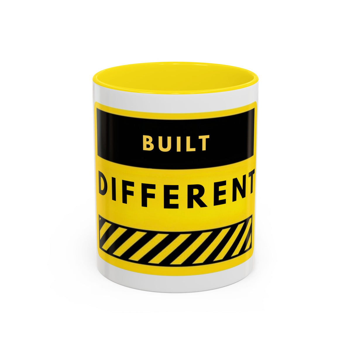 Accent Coffee Mug — "Built Different" Yellow Warning Stripe Ceramic Mug (11/15oz)