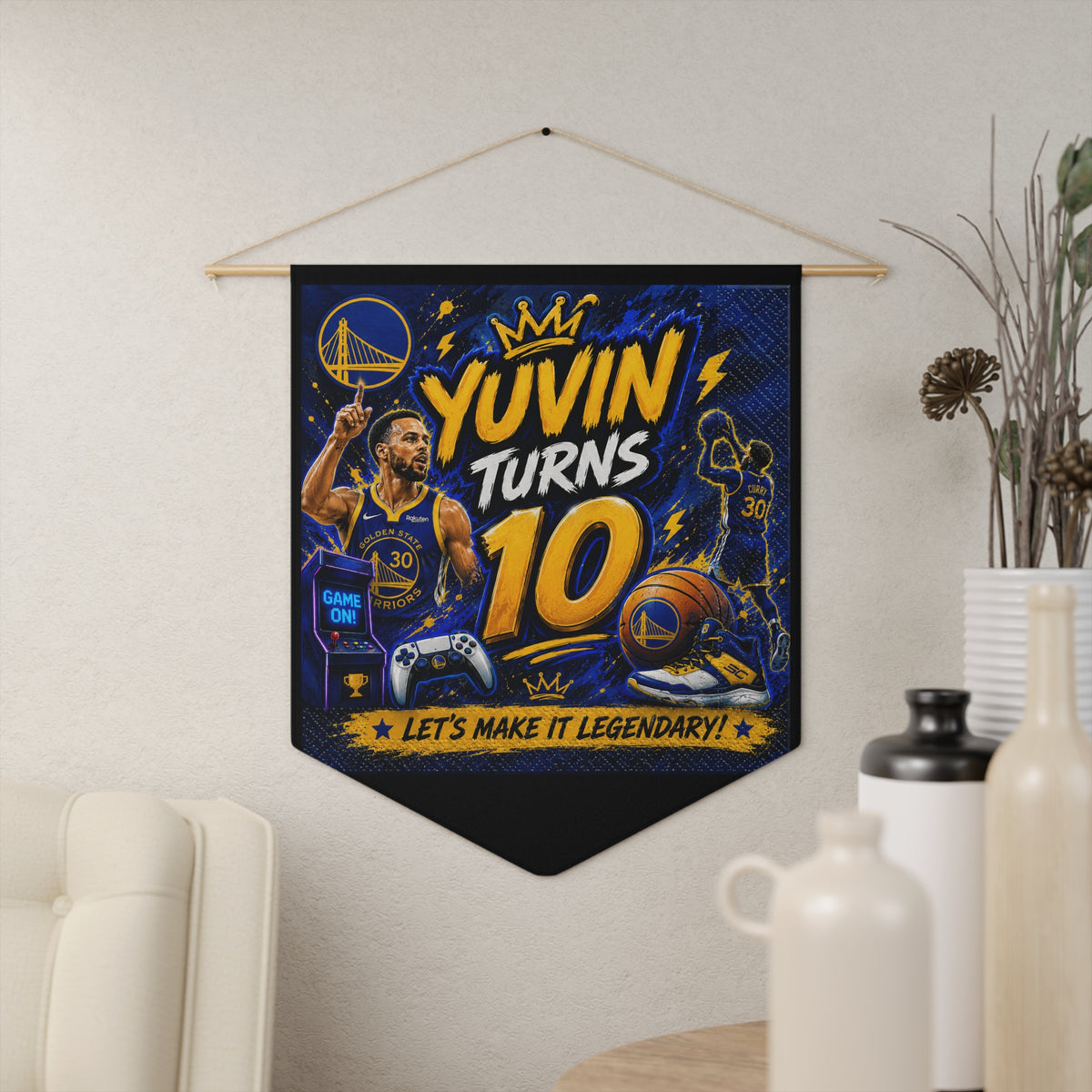 Basketball Birthday Pennant — "Yuvin Turns 10" Custom Sports Party Banner