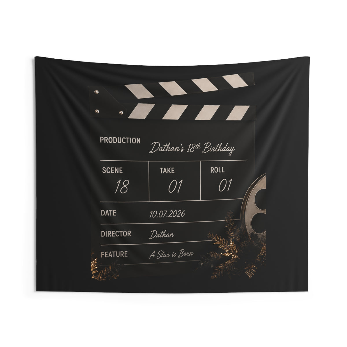 Film Slate Wall Tapestry — Personalized "Dathan's 18th Birthday" Movie Clapper Decor