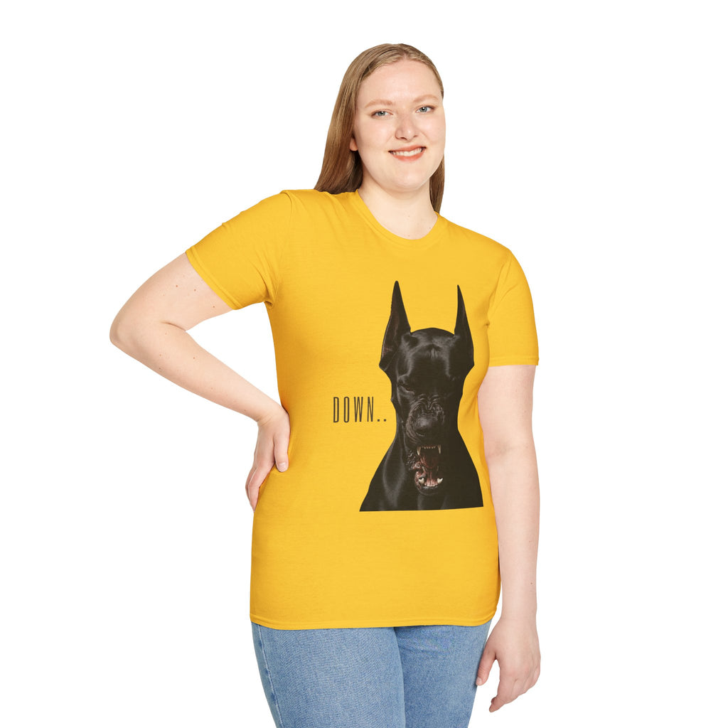 Doberman 'Down' Graphic T-Shirt – Bold Black Dog Portrait Tee