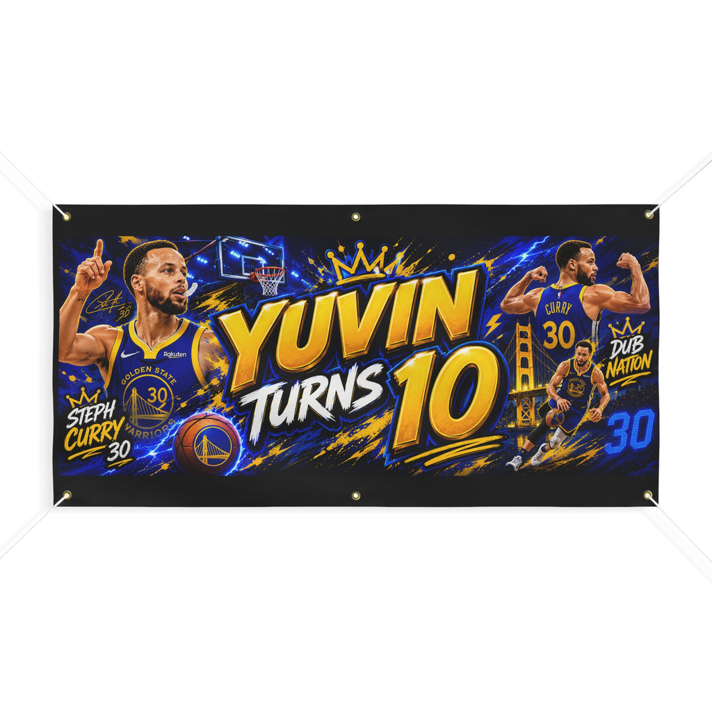 Basketball Birthday Banner — "Yuvin Turns 10" Matte Party Sign