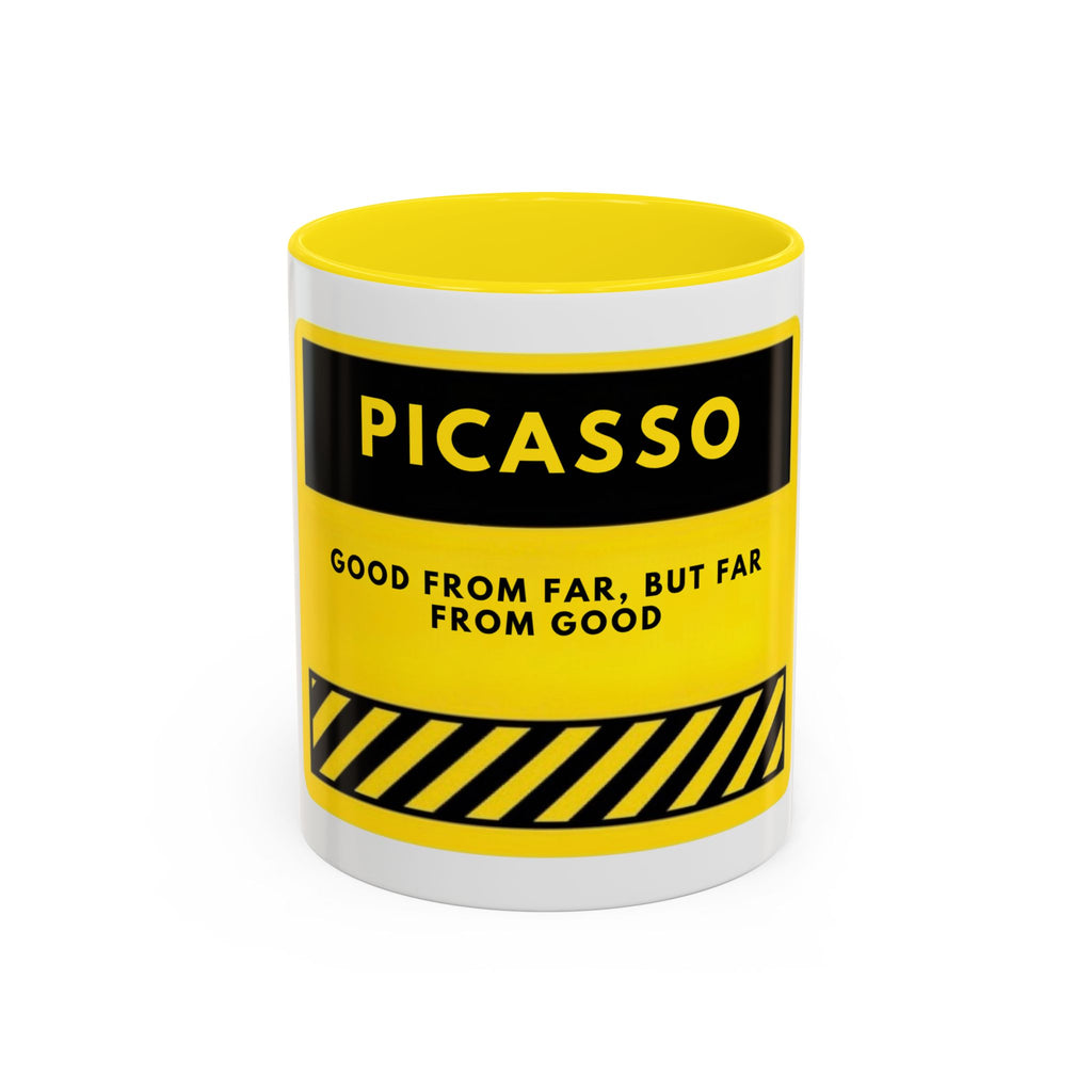 Picasso Quote Coffee Mug — 'Good From Far, But Far From Good' Yellow Accent Mug
